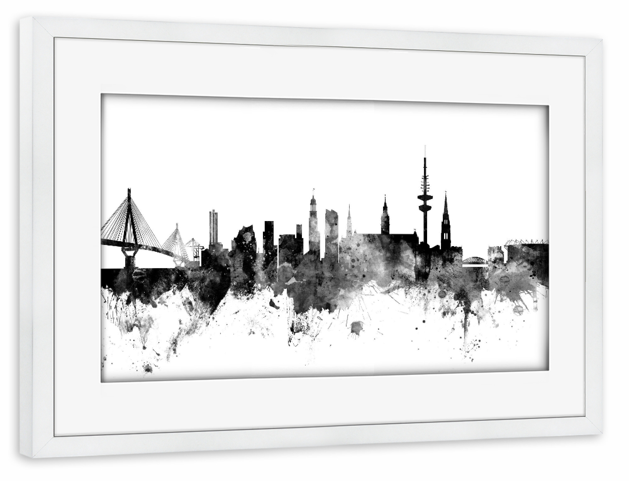 Poster mit Rahmen weiß "Skyline Hamburg" artboxONE - Städte,Städte / Hamburg,Reise,Schwarzweiß