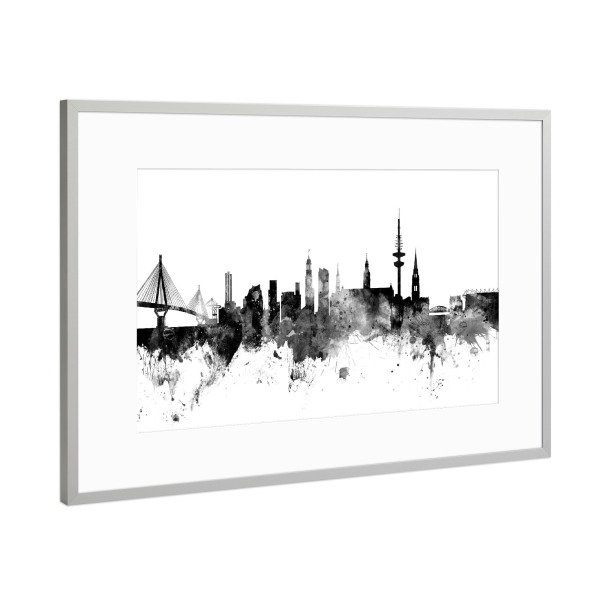 Poster mit Rahmen Silber "Skyline Hamburg" artboxONE - Städte,Städte / Hamburg,Reise,Schwarzweiß