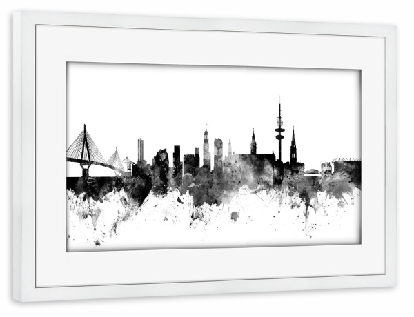 Poster mit Rahmen weiß "Skyline Hamburg" artboxONE - Städte,Städte / Hamburg,Reise,Schwarzweiß