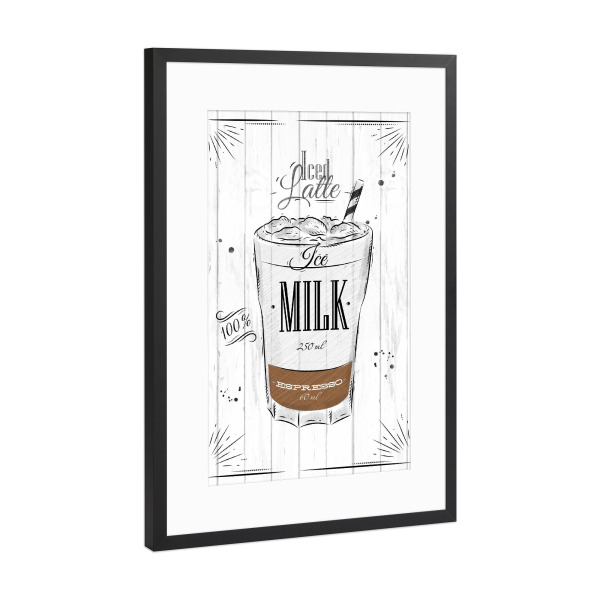 Poster mit Rahmen Schwarz (Metallic) "Iced Latte" artboxONE - Typografie,Essen & Trinken