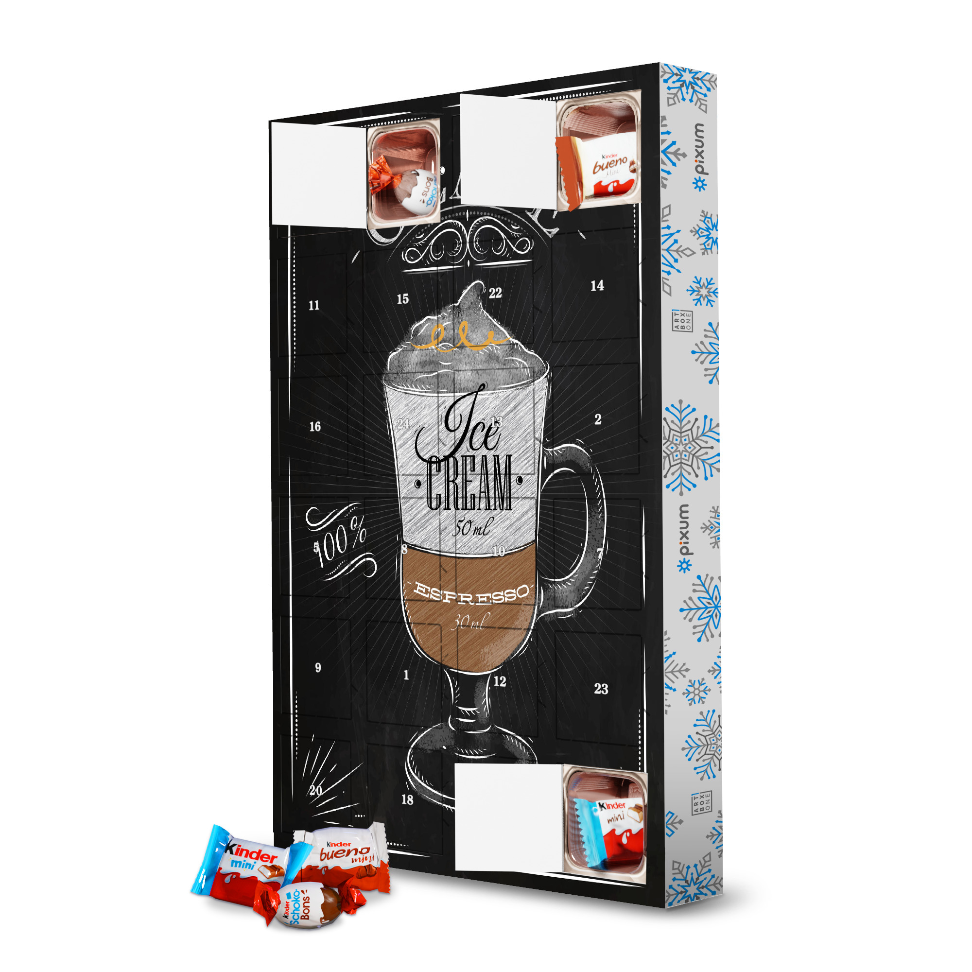 Adventskalender mit Produkten von Kinder Cafe Glace Kreide artboxONE Adventskalender Typografie