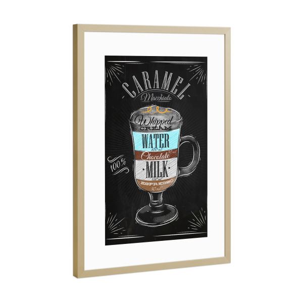 Poster mit Rahmen Gold "Karamell Macchiato Kreide" artboxONE - Typografie,Essen & Trinken