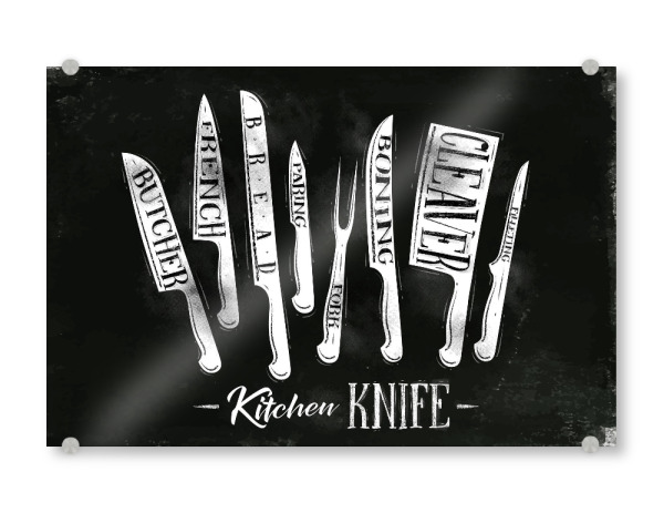 Acrylglasbild "Küchenmesser" artboxONE - Essen & Trinken - Kreide,Tafel,Messer,Metzger,Küche,Kochen,Brot,Fleisch,Fisch,Gemüse,Gastronomie