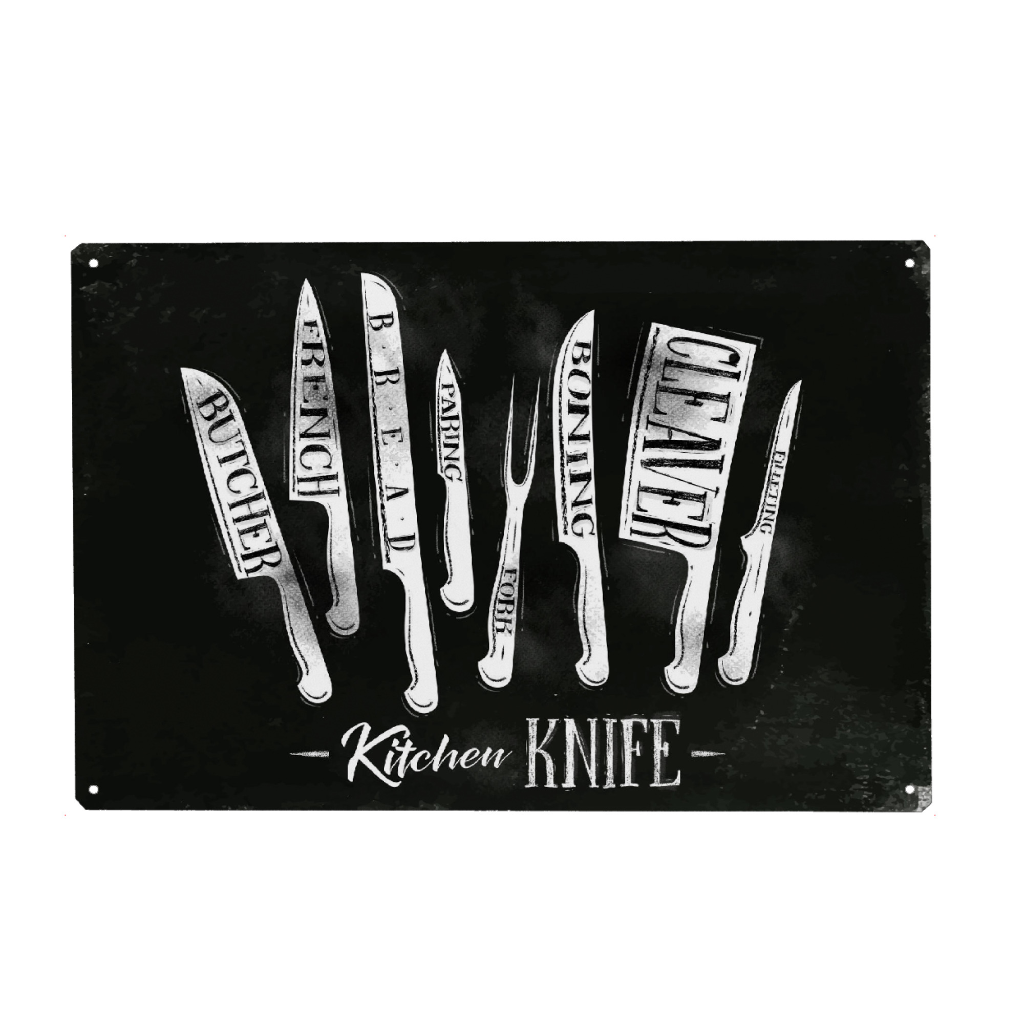Metall Poster "Küchenmesser" artboxONE - Essen & Trinken - Kreide,Tafel,Messer,Metzger,Küche,Kochen,Brot,Fleisch,Fisch,Gemüse,Gastronomie