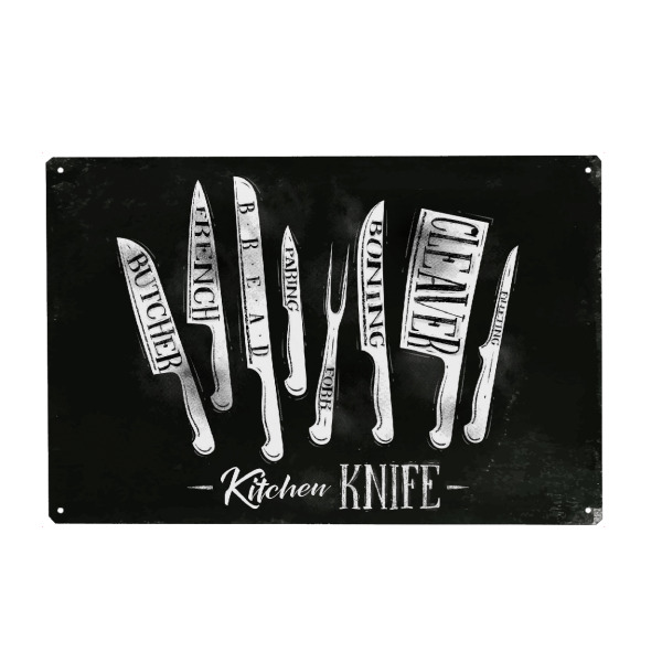 Metall Poster "Küchenmesser" artboxONE - Essen & Trinken - Kreide,Tafel,Messer,Metzger,Küche,Kochen,Brot,Fleisch,Fisch,Gemüse,Gastronomie