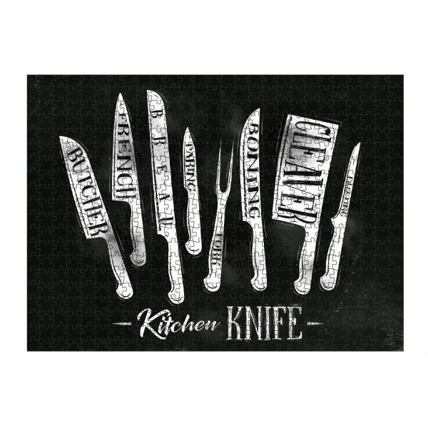 Puzzle Ravensburger "Küchenmesser" artboxONE - Essen & Trinken - Kreide,Tafel,Messer,Metzger,Küche,Kochen,Brot,Fleisch,Fisch,Gemüse,Gastronomie