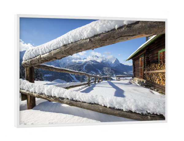 Poster mit weißem Rahmen "Zugspitzblick an der Eckenhütte" artboxONE - Natur - Garmisch-partenkirchen,Bayern,Berge,Alpen,Winter,Eckenhütte,Schnee