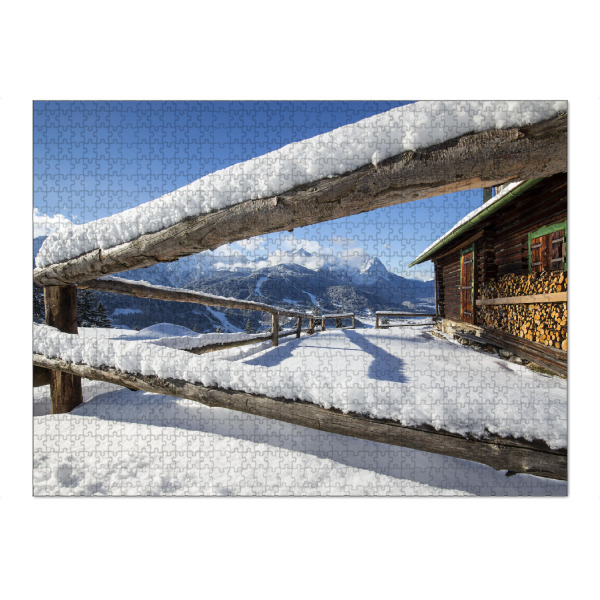 Puzzle Ravensburger "Zugspitzblick an der Eckenhütte" artboxONE - Natur - Garmisch-partenkirchen,Bayern,Berge,Alpen,Winter,Eckenhütte,Schnee