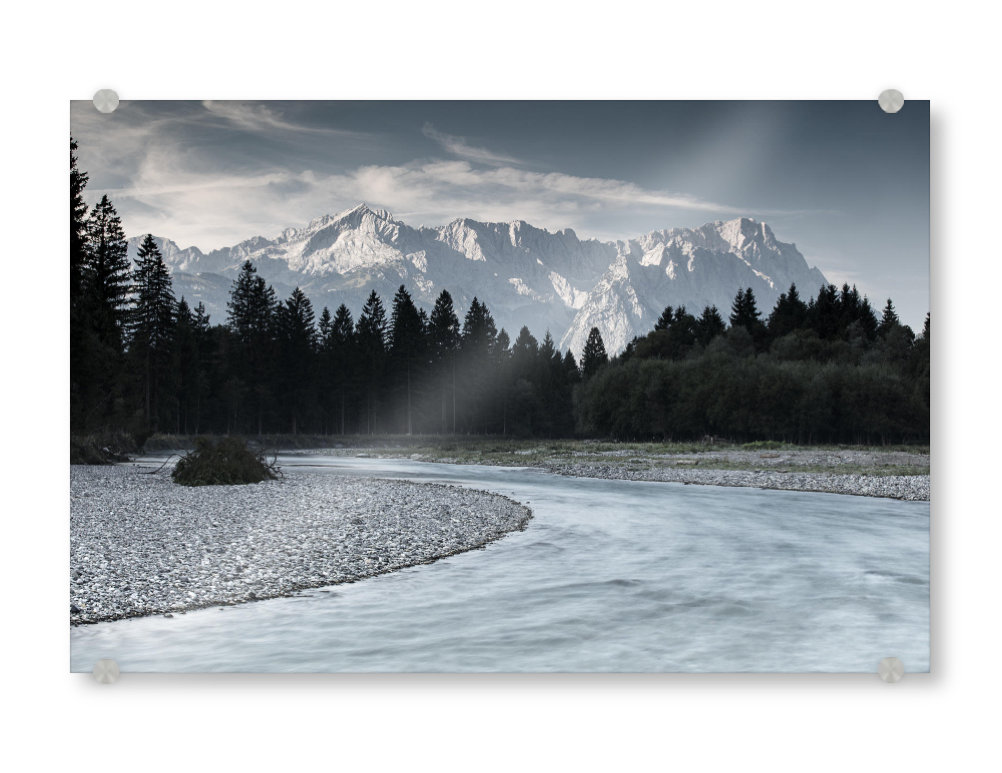 Acrylglasbild "Loisach mit Zugspitze" artboxONE - Natur - Loisach,Zugspitze,Bayern,Alpen,Farchant,Berge,Wald,Bäume,Straße,Weiß,Schnee