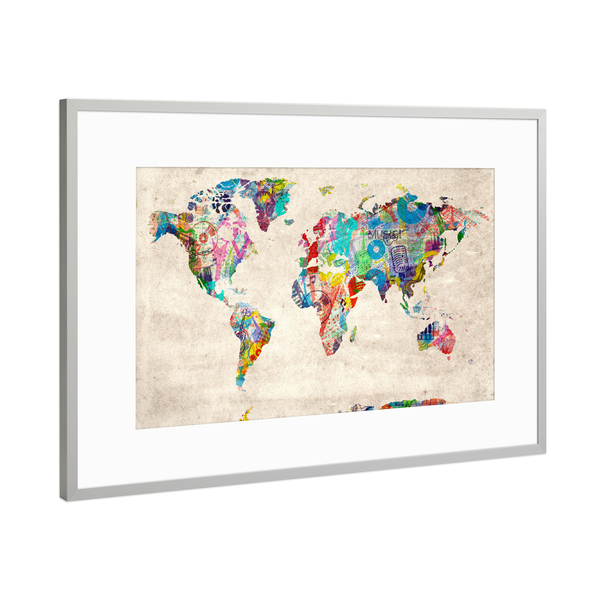 Poster mit Rahmen Silber "World map music 9" artboxONE - Typografie,Reise,Abstrakt,Musik,Kartografie