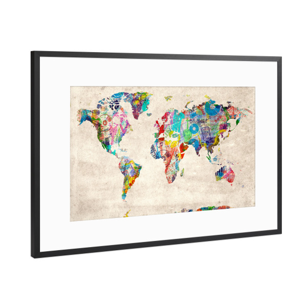 Poster mit Rahmen Schwarz (Metallic) "World map music 9" artboxONE - Typografie,Reise,Abstrakt,Musik,Kartografie