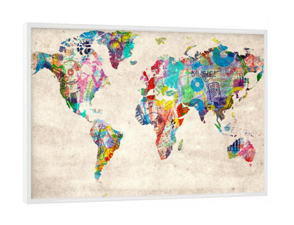 Poster mit weißem Rahmen "World map music 9" artboxONE - Typografie,Reise,Abstrakt,Musik,Kartografie