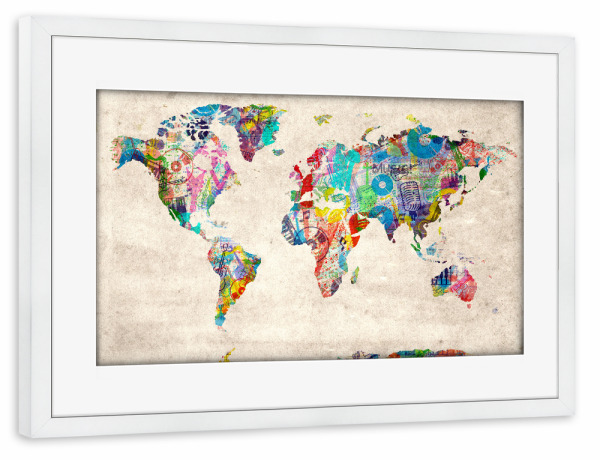 Poster mit Rahmen weiß "World map music 9" artboxONE - Typografie,Reise,Abstrakt,Musik,Kartografie