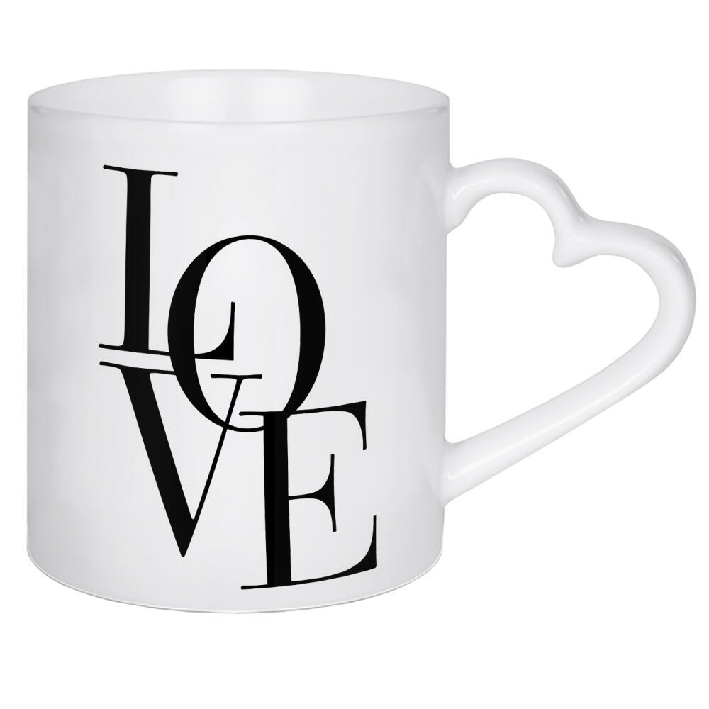 Herztasse "LOVE in black" artboxONE - Typografie,Schwarzweiß,Liebe - Liebe,Typo,Typografie,Boho,Buchstaben,Zuneigung,Paar,Beziehung,Schwarzweiß
