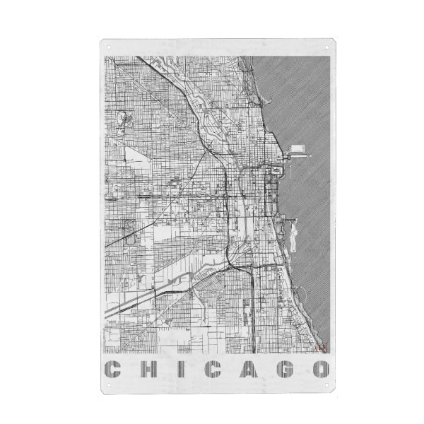 Holzbild "Chicago, USA 2" artboxONE - Städte,Schwarzweiß,Städte / Chicago,Kartografie - Karte,Stadt,Straße,Plakat,Plan,Map,Street,Chicago,Usa