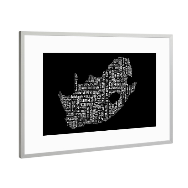 Poster mit Rahmen Silber "South Africa Map White" artboxONE - Reise,Schwarzweiß,Reise / Länder,Kartografie