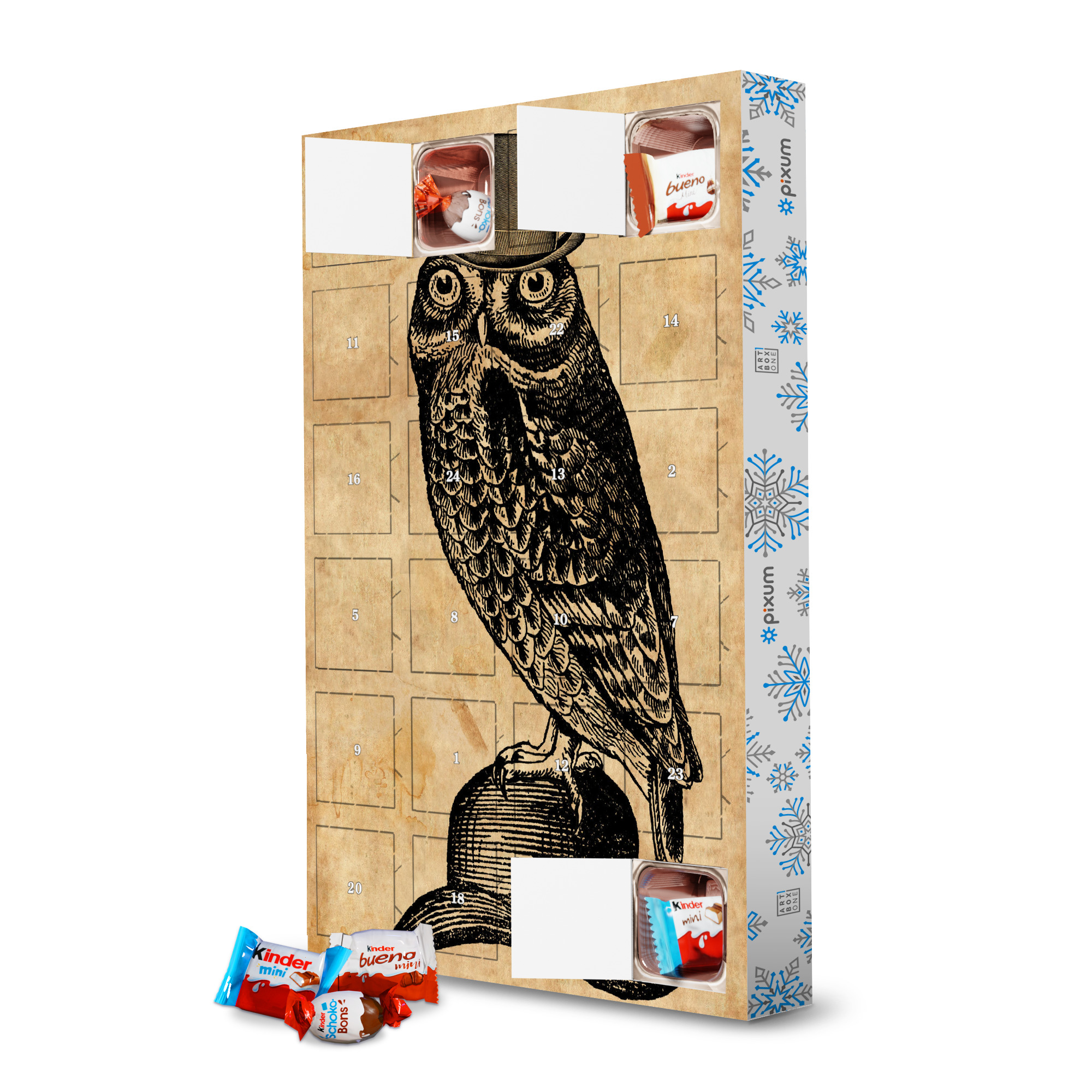 Adventskalender mit Produkten von Kinder Eule in einem Hut artboxONE Adventskalender Tiere