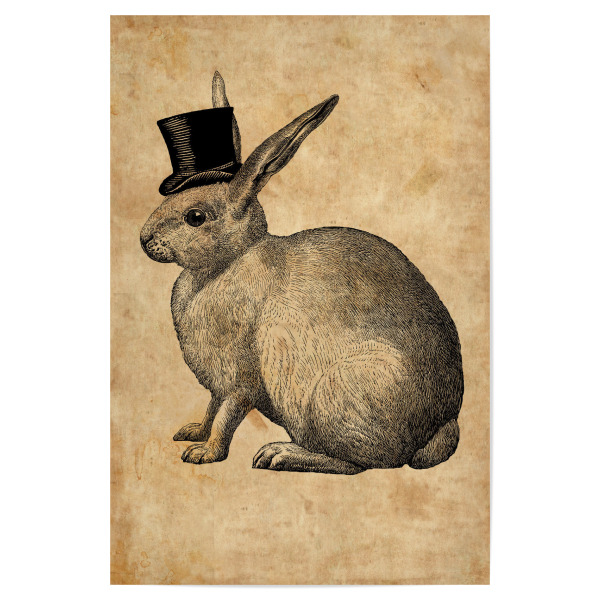 Poster 30x20 cm "Kaninchen in einem Hut" artboxONE - Tiere - Kaninchen in einem hut,Kaninchen,Hut,Vintage,Süss,Kinderzimmer,Zylinder,Tier,Hase