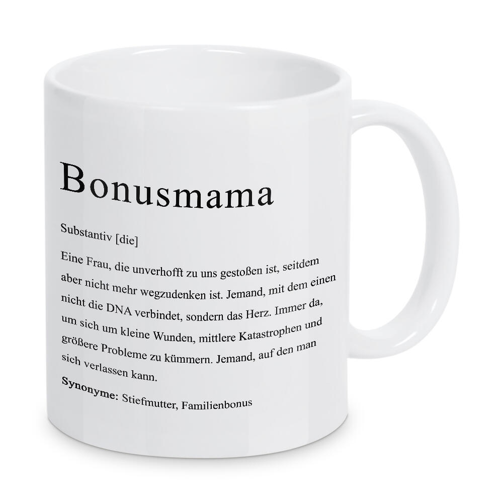 Tasse "Bonus Mama" artboxONE - Typografie,Liebe,Für Mama - Definition,Mama,Mutter,Typo,Typografie,Schwarzweiß,Muttertag,Minimalistisch