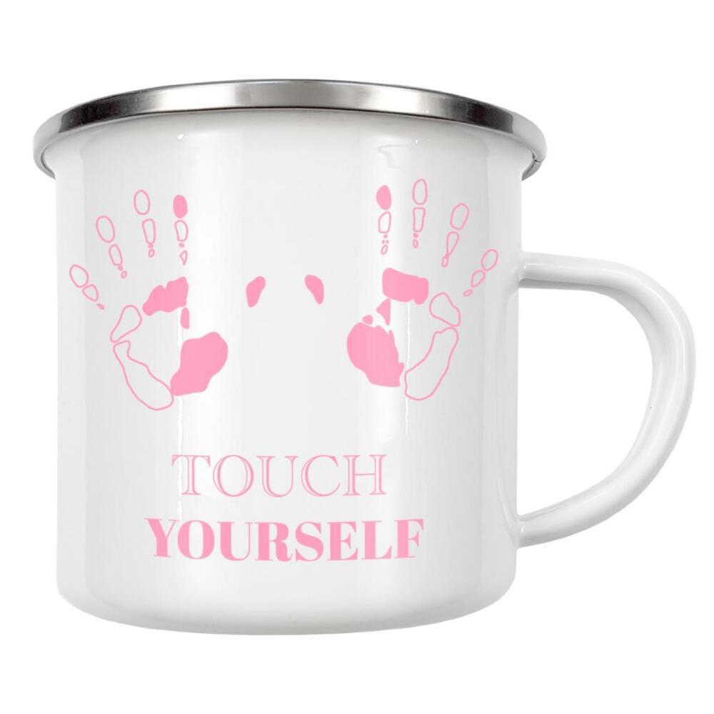 Emaille Tasse "Touch yourself - Hands" artboxONE - Typografie,Menschen - Touch,Yourself,Pink,Typo,Typografie,Hände,Menschen