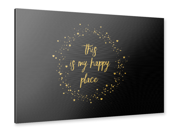 Alu-Dibond "Text Art THIS IS MY HAPPY PLACE III | black with hearts, stars & splashes" 30x20 cm artboxONE
