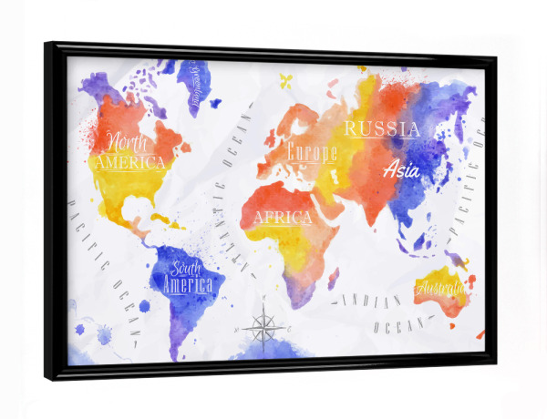 Poster mit schwarzem Rahmen "Aquarell Weltkarte rot lila" artboxONE - Reise,Kartografie