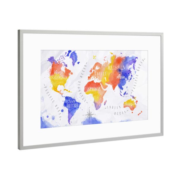 Poster mit Rahmen Silber "Aquarell Weltkarte rot lila" artboxONE - Reise,Kartografie