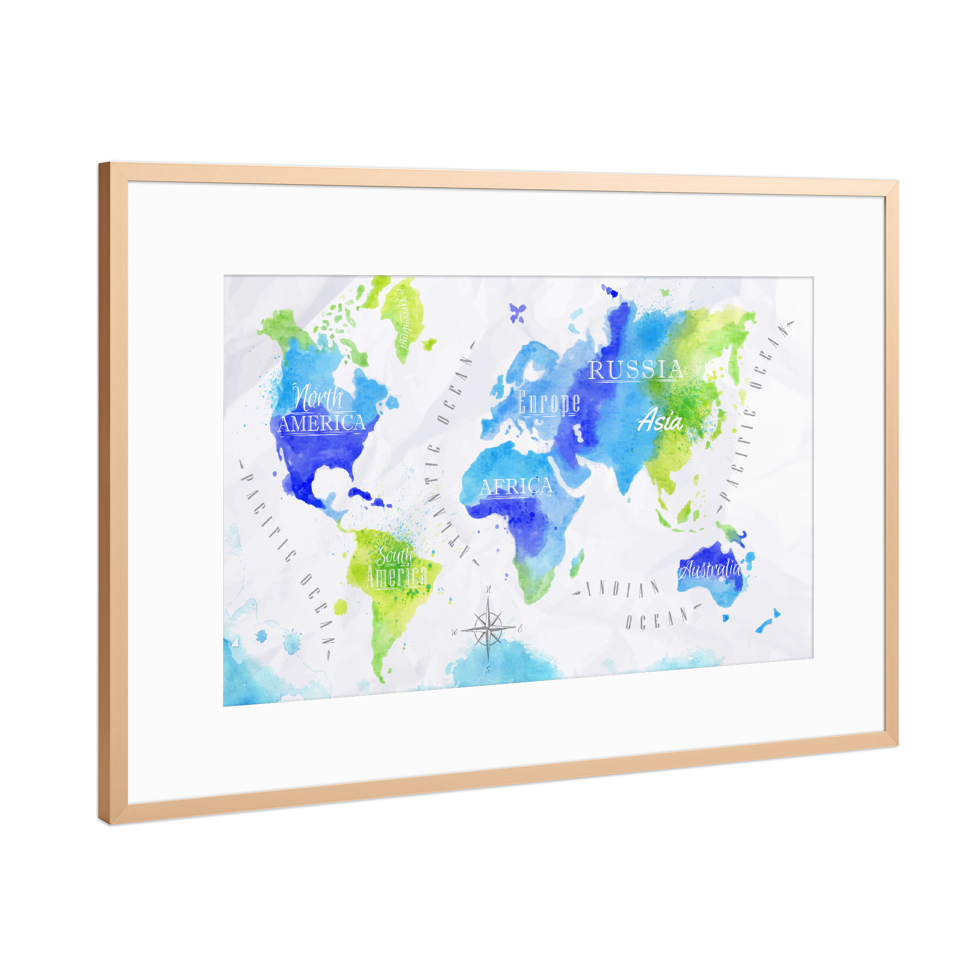 Poster mit Rahmen Kupfer "Aquarell Weltkarte grün blau" artboxONE - Reise,Reise / Afrika,Reise / Asien,Reise / Länder,Kartografie