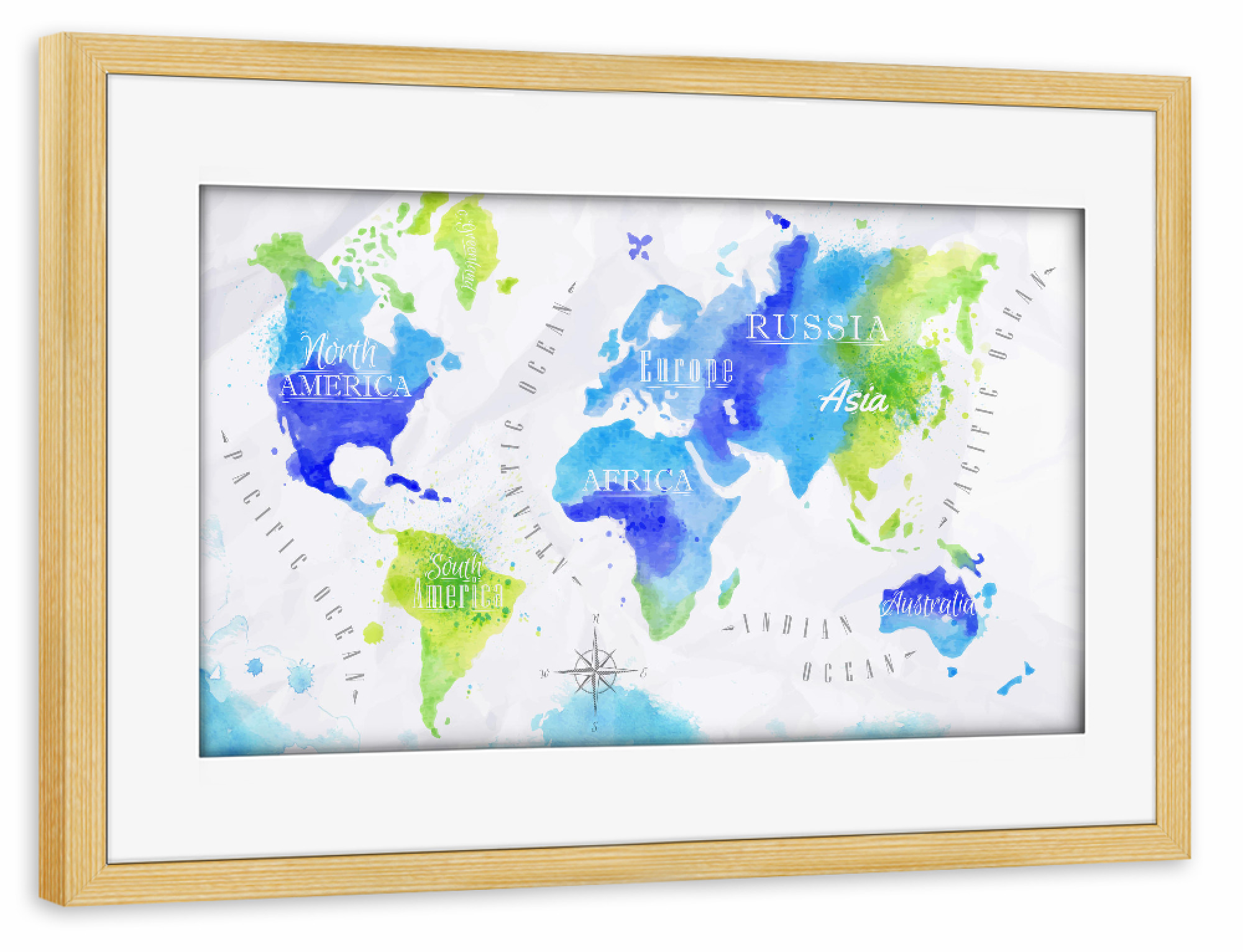 Poster mit Rahmen kiefer "Aquarell Weltkarte grün blau" artboxONE - Reise,Reise / Afrika,Reise / Asien,Reise / Länder,Kartografie