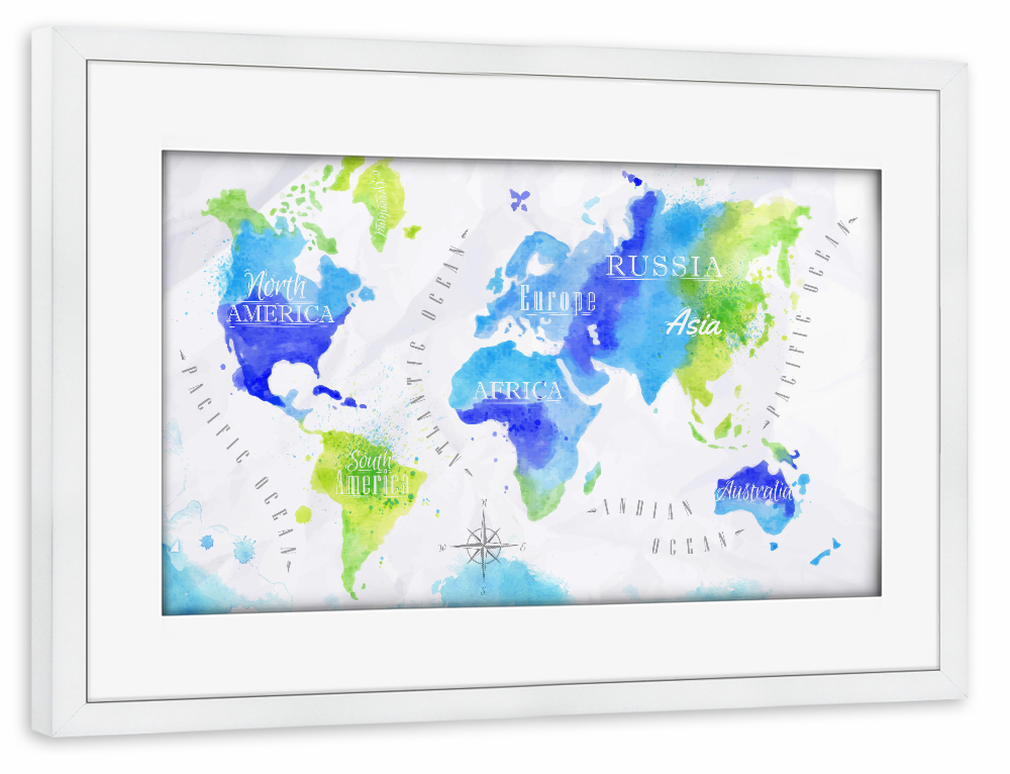 Poster mit Rahmen weiß "Aquarell Weltkarte grün blau" artboxONE - Reise,Reise / Afrika,Reise / Asien,Reise / Länder,Kartografie