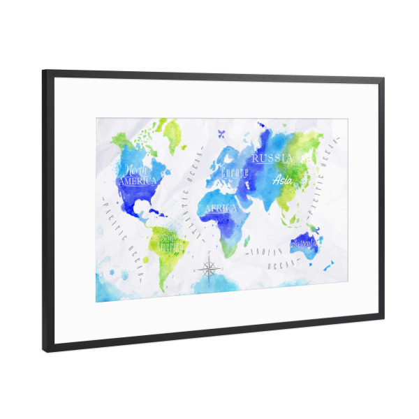 Poster mit Rahmen Schwarz (Metallic) "Aquarell Weltkarte grün blau" artboxONE - Reise,Reise / Afrika,Reise / Asien,Reise / Länder,Kartografie