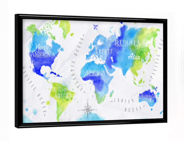 Poster mit schwarzem Rahmen "Aquarell Weltkarte grün blau" artboxONE - Reise,Reise / Afrika,Reise / Asien,Reise / Länder,Kartografie
