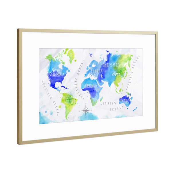 Poster mit Rahmen Gold "Aquarell Weltkarte grün blau" artboxONE - Reise,Reise / Afrika,Reise / Asien,Reise / Länder,Kartografie