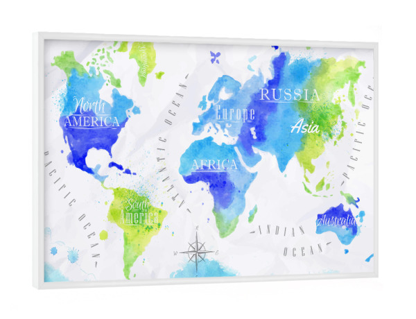 Poster mit weißem Rahmen "Aquarell Weltkarte grün blau" artboxONE - Reise,Reise / Afrika,Reise / Asien,Reise / Länder,Kartografie