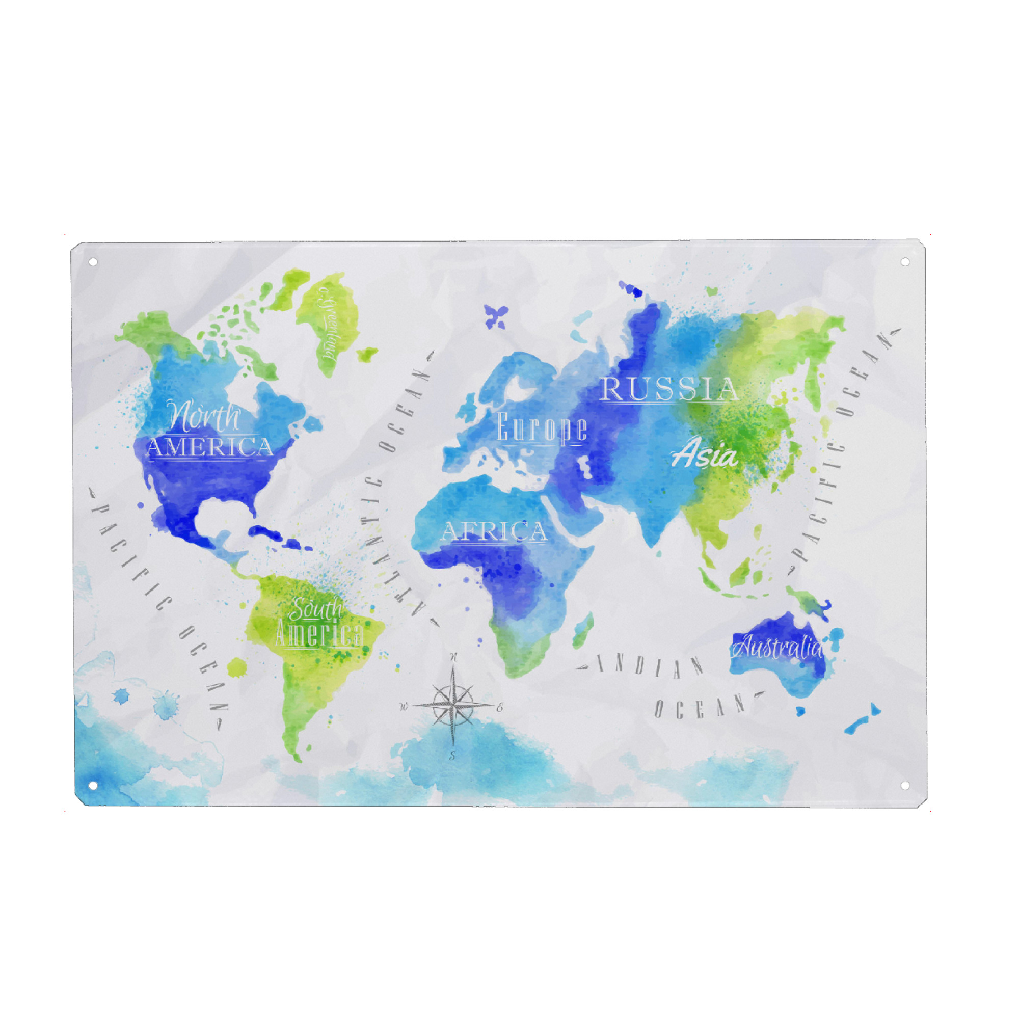 Metall Poster "Aquarell Weltkarte grün blau" artboxONE - Reise,Reise / Afrika,Reise / Asien,Reise / Länder,Kartografie