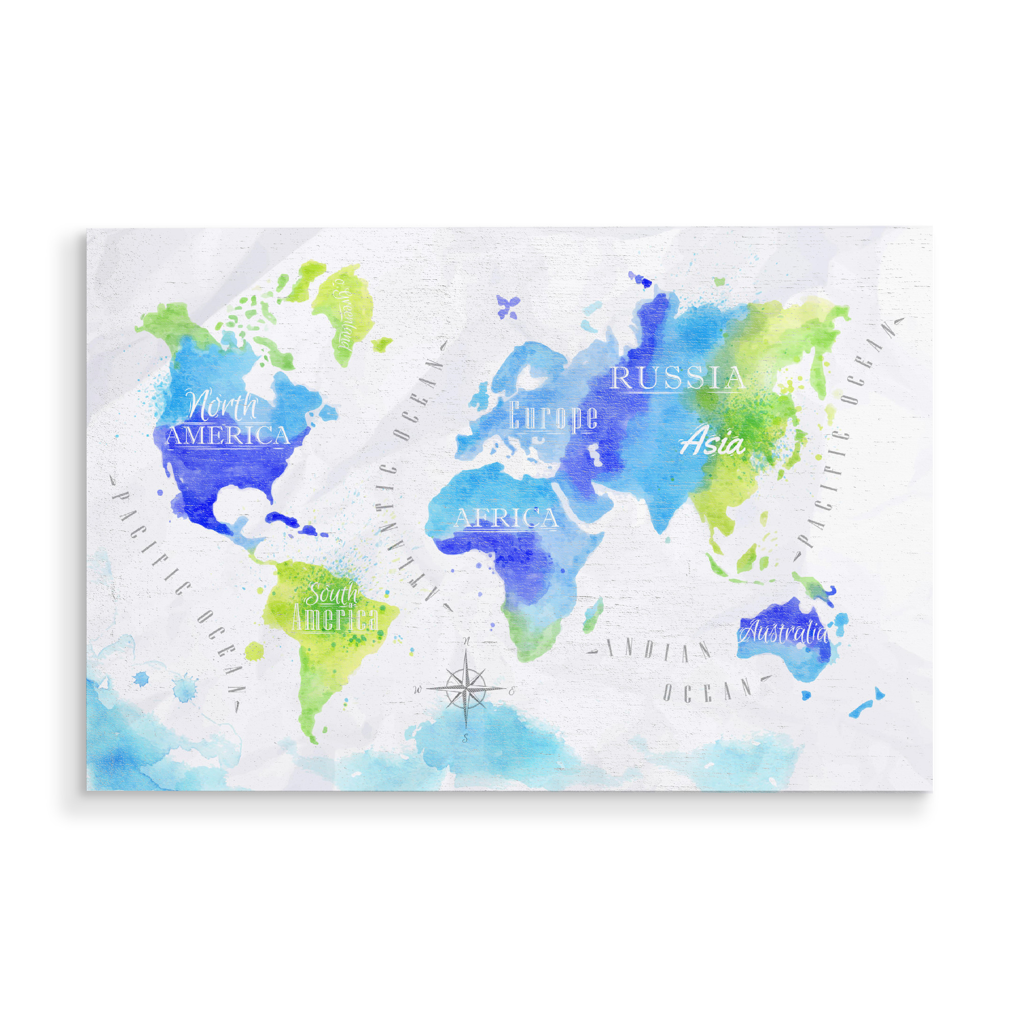 Holzbild "Aquarell Weltkarte grün blau" artboxONE - Reise,Reise / Afrika,Reise / Asien,Reise / Länder,Kartografie