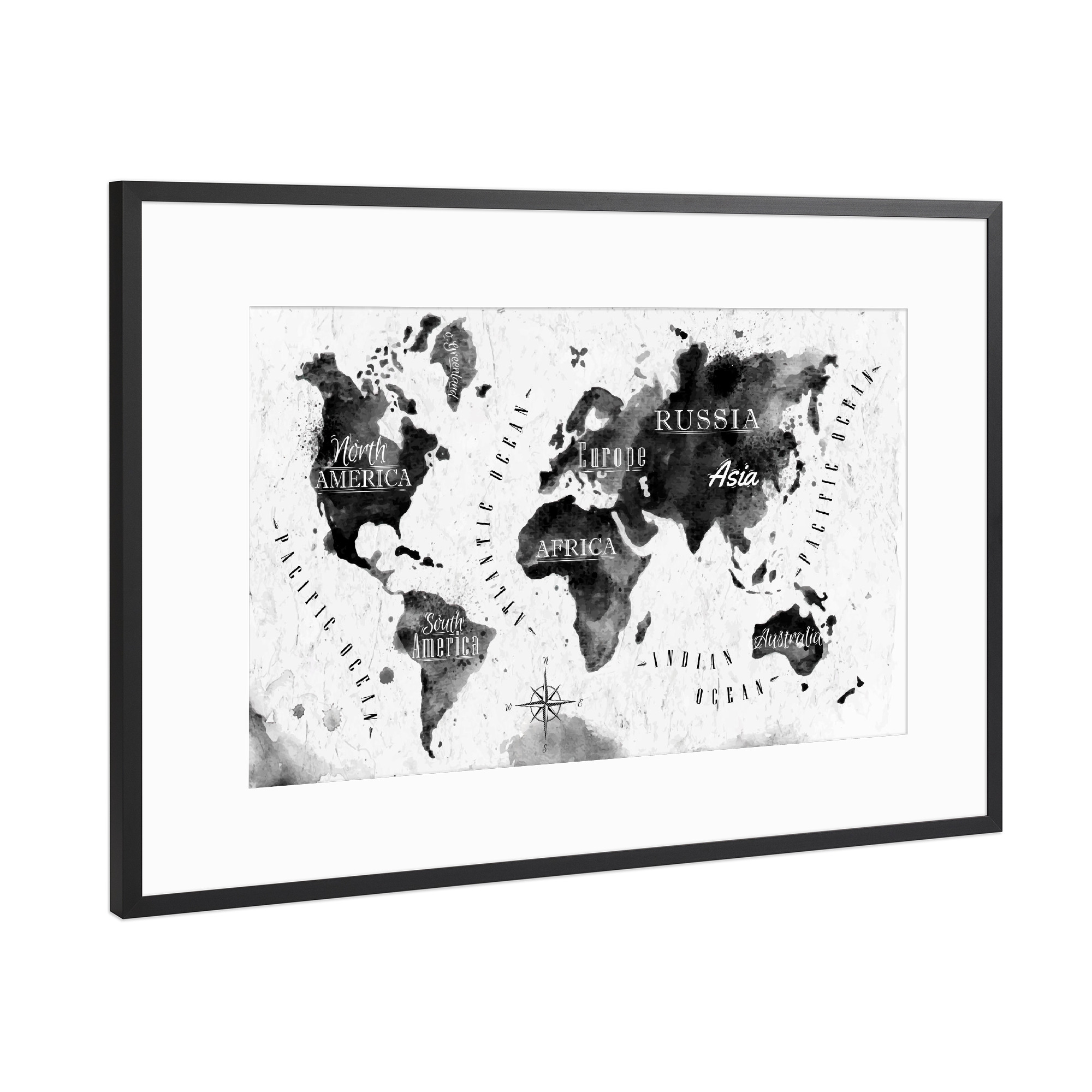 Poster mit Rahmen Schwarz (Metallic) "Tinte Weltkarte" artboxONE - Reise,Schwarzweiß,Reise / Afrika,Reise / Asien,Reise / Länder,Kartografie