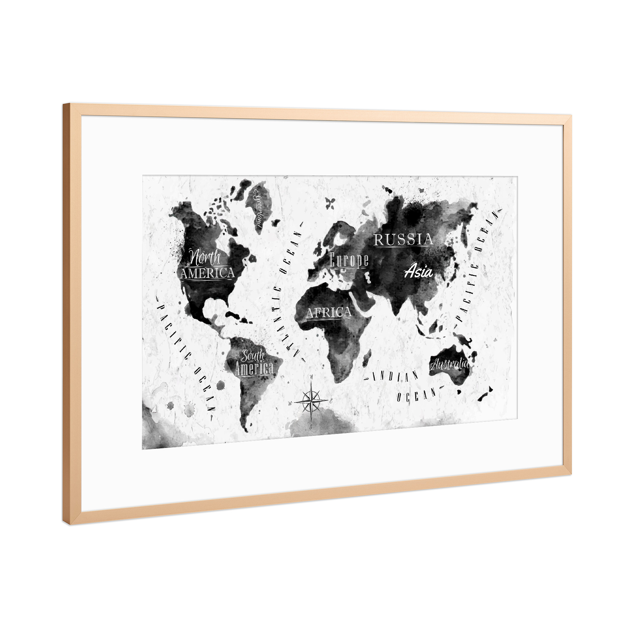 Poster mit Rahmen Kupfer "Tinte Weltkarte" artboxONE - Reise,Schwarzweiß,Reise / Afrika,Reise / Asien,Reise / Länder,Kartografie
