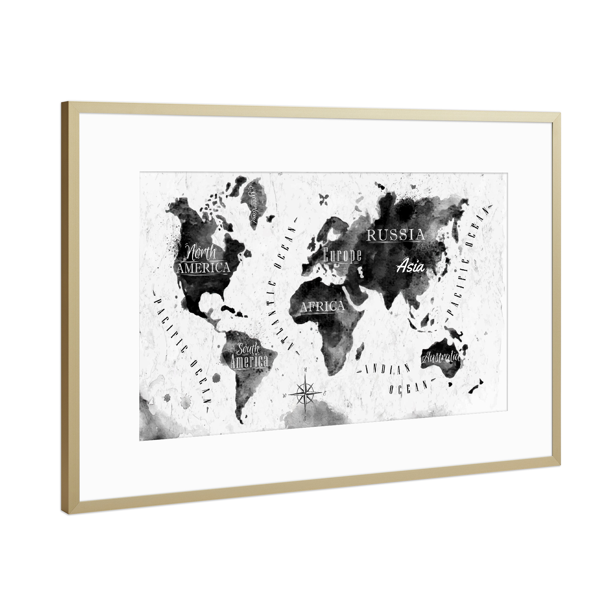 Poster mit Rahmen Gold "Tinte Weltkarte" artboxONE - Reise,Schwarzweiß,Reise / Afrika,Reise / Asien,Reise / Länder,Kartografie