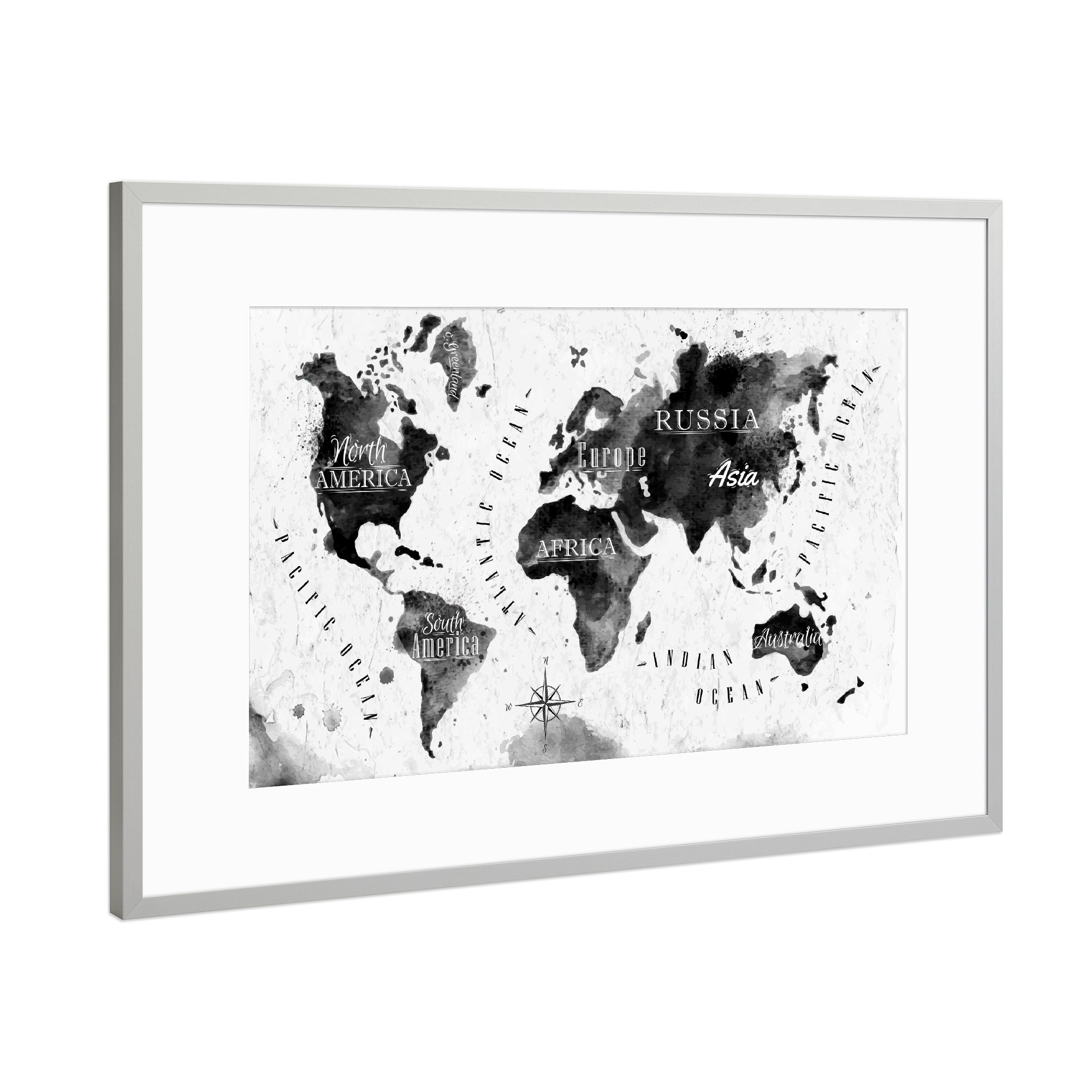 Poster mit Rahmen Silber "Tinte Weltkarte" artboxONE - Reise,Schwarzweiß,Reise / Afrika,Reise / Asien,Reise / Länder,Kartografie