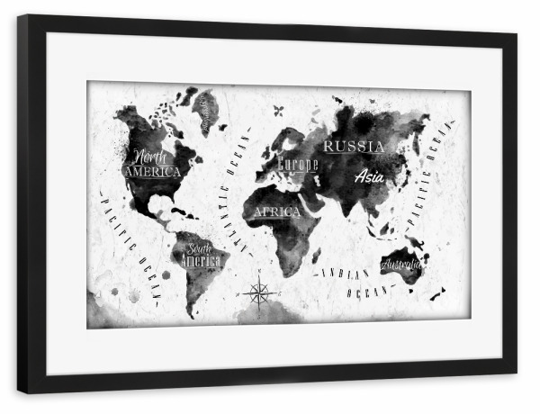 Poster mit Rahmen schwarz "Tinte Weltkarte" artboxONE - Reise,Schwarzweiß,Reise / Afrika,Reise / Asien,Reise / Länder,Kartografie