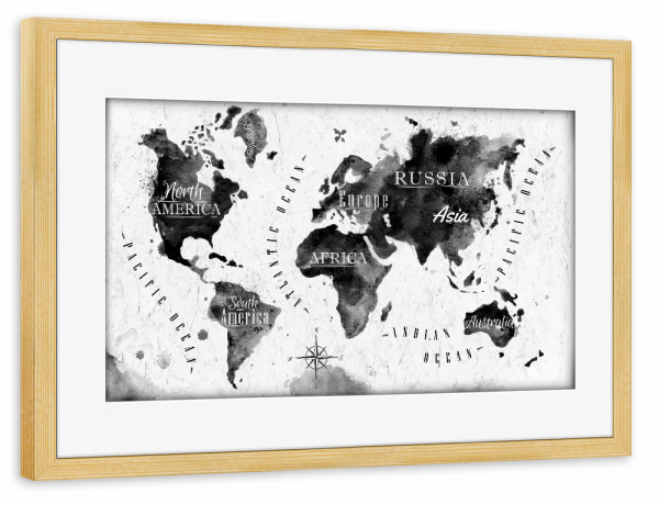 Poster mit Rahmen kiefer "Tinte Weltkarte" artboxONE - Reise,Schwarzweiß,Reise / Afrika,Reise / Asien,Reise / Länder,Kartografie