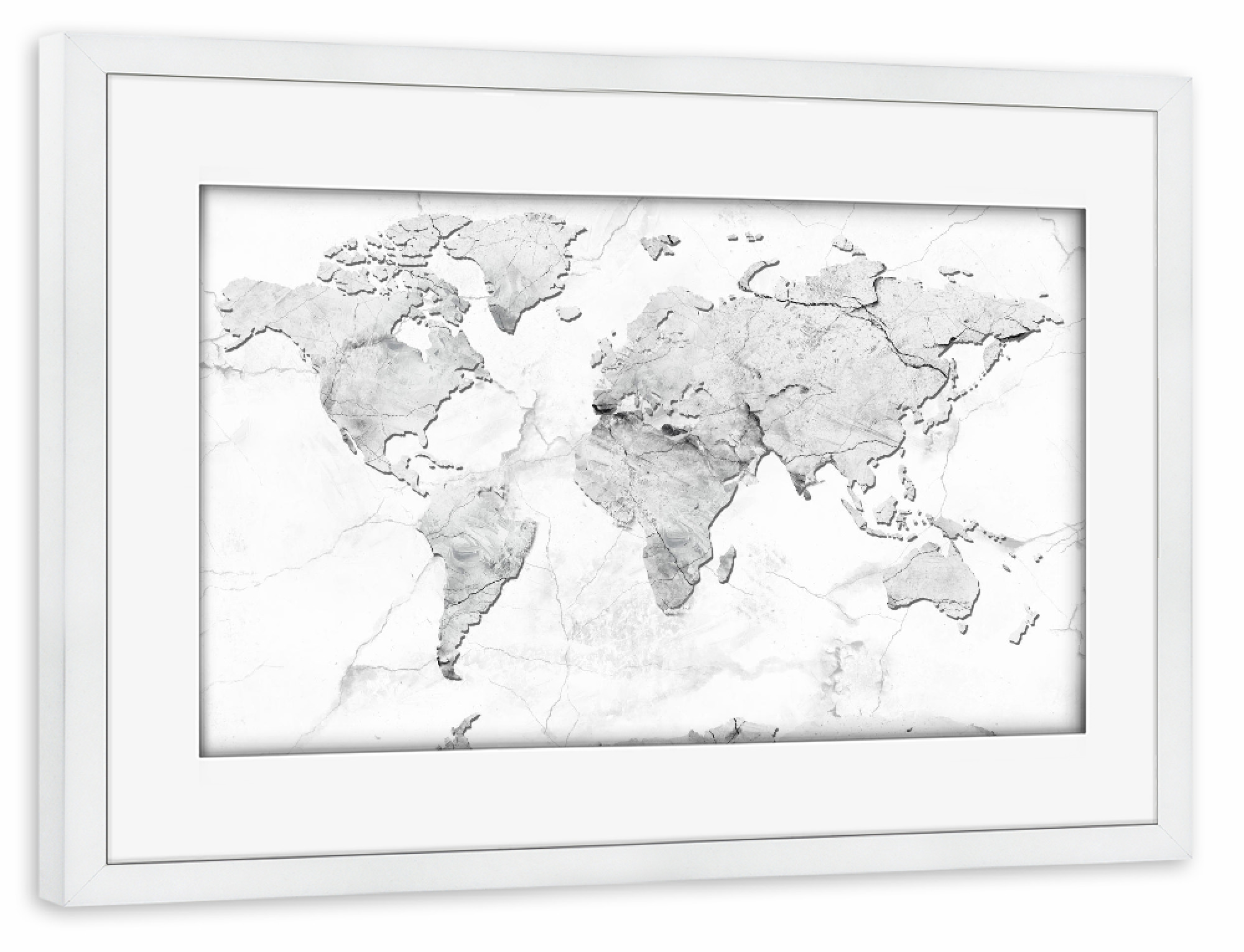 Poster mit Rahmen weiß "World map white marble" artboxONE - Schwarzweiß,Kartografie
