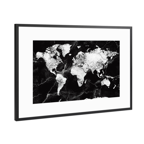 Poster mit Rahmen Schwarz (Metallic) "World map marble black and white 2" artboxONE - Schwarzweiß,Kartografie