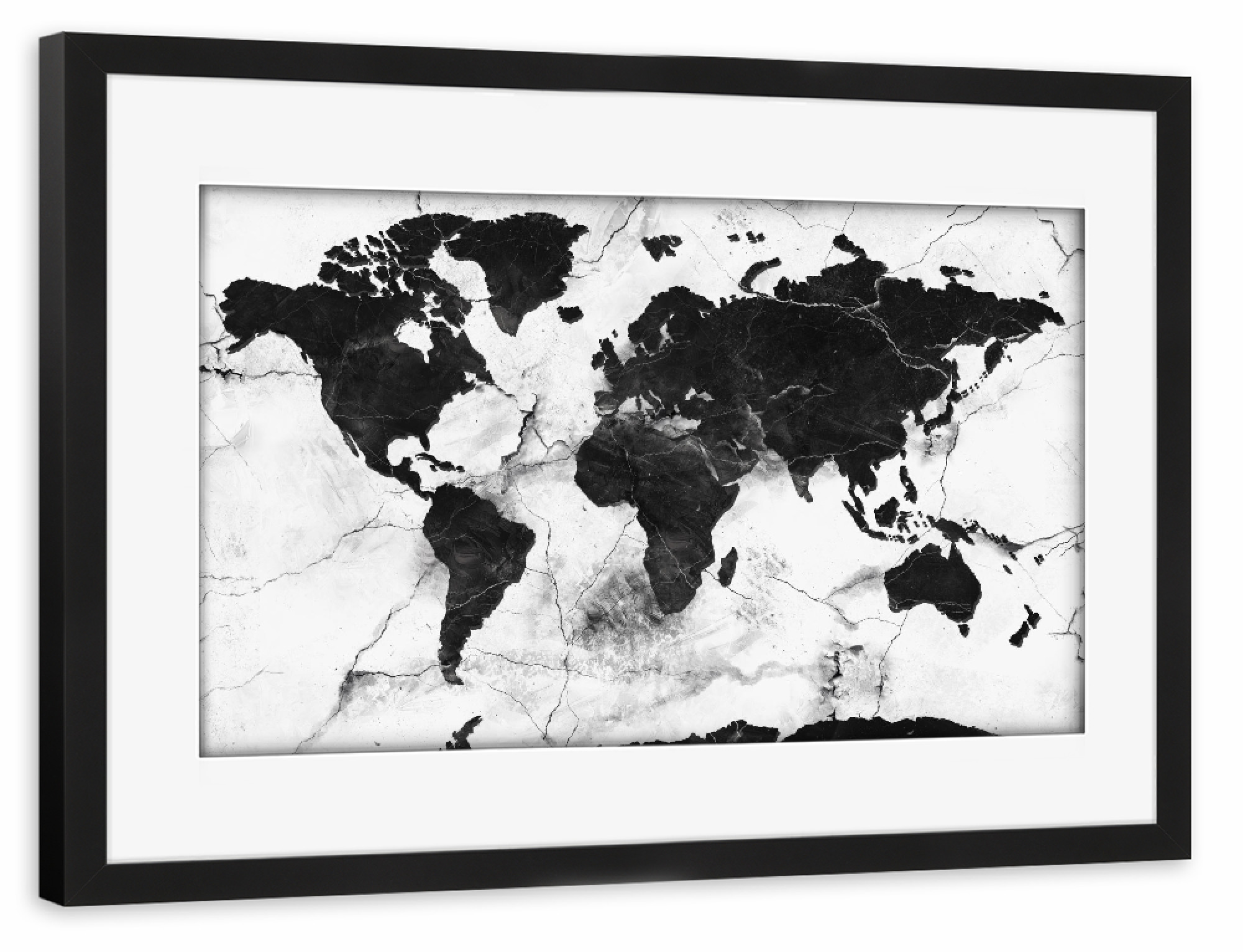 Poster mit Rahmen schwarz "World map marble black and white" artboxONE - Schwarzweiß,Kartografie