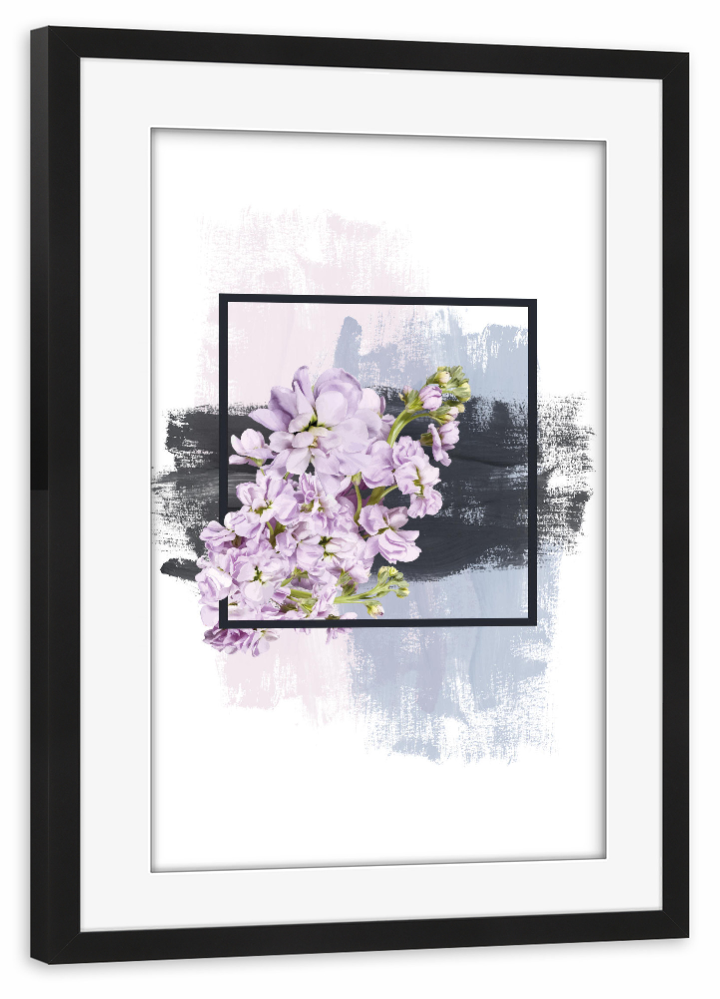 Poster mit Rahmen schwarz "Flowers on Framed Brush Strokes - Pink Blue Grey" artboxONE - Floral