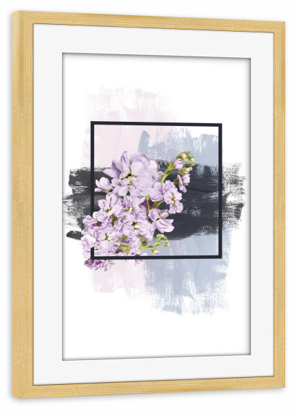 Poster mit Rahmen kiefer "Flowers on Framed Brush Strokes - Pink Blue Grey" artboxONE - Floral