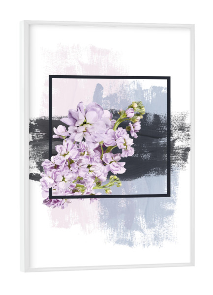 Poster mit weißem Rahmen "Flowers on Framed Brush Strokes - Pink Blue Grey" artboxONE - Floral