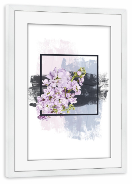 Poster mit Rahmen weiß "Flowers on Framed Brush Strokes - Pink Blue Grey" artboxONE - Floral