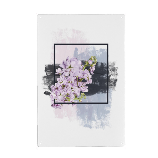 Metall Poster "Flowers on Framed Brush Strokes - Pink Blue Grey" artboxONE - Floral